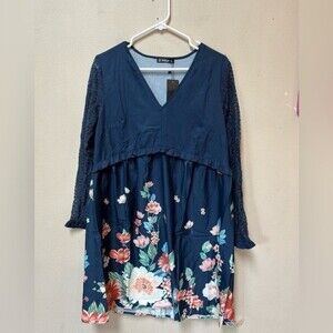 Shelay Women’s Blue Pink Floral Long Sleeve Lace Ruffle Flowy Mini Dress Medium